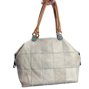 Gabs Tote Convertible Flat Satchel Patchwork Leather Canvas Cream Tan